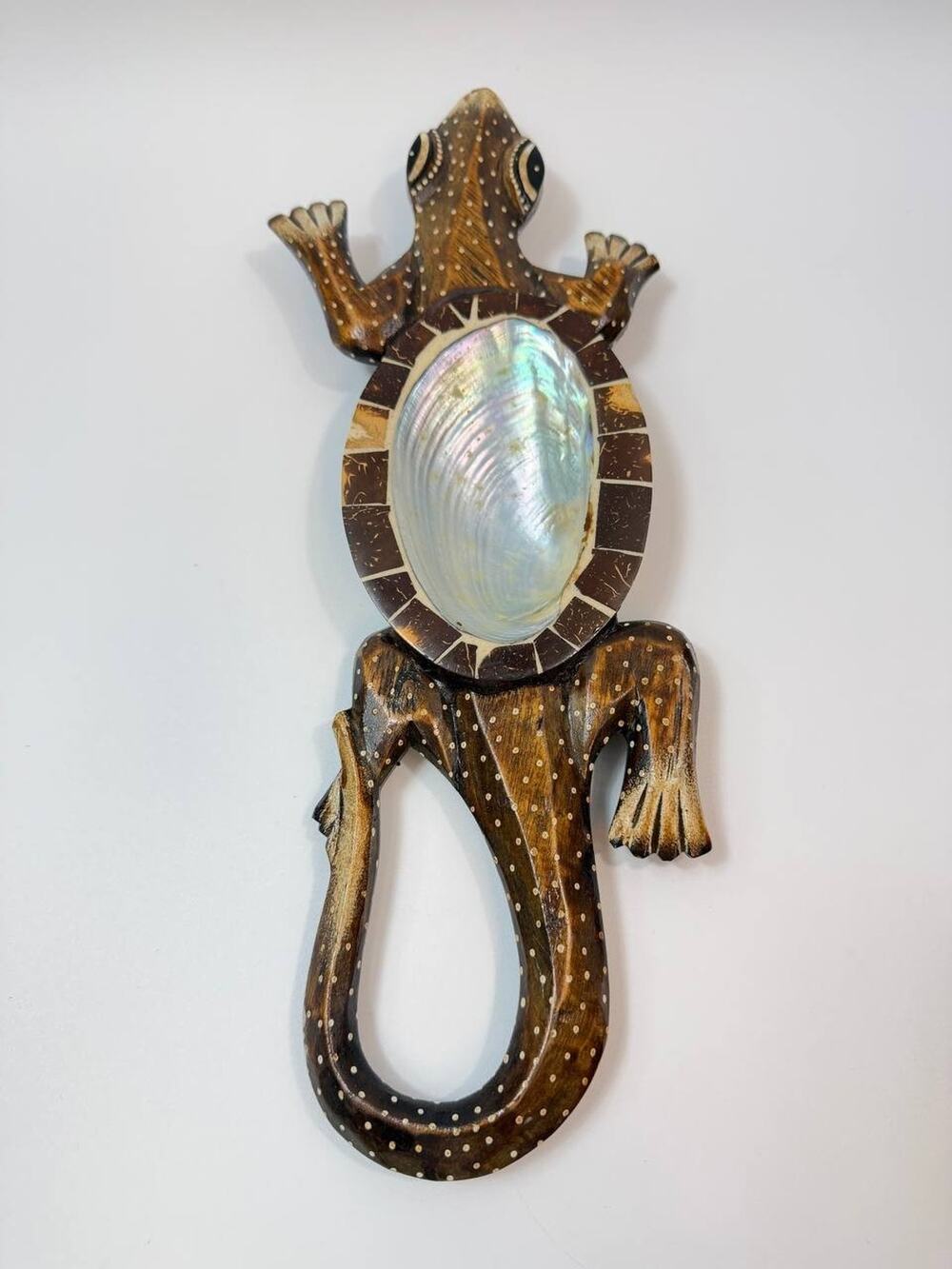 Wood Lizard Trinket Dish Shell Inlay Catchall Handmade Indonesia Decor